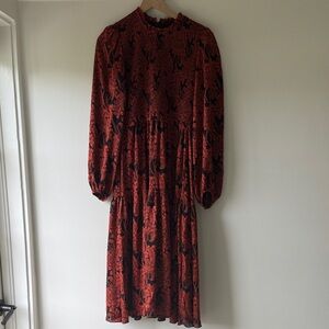 Wilfred Rust Floral Long-Sleeve Midi Dress with Black Print